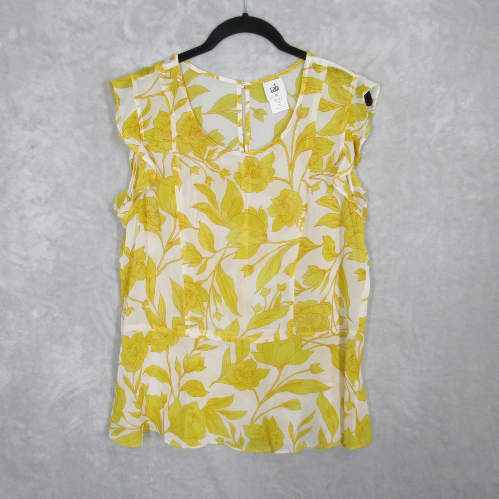 Cabi Top Womens Medium Floral Ruffle Sleeve Peplum Yellow White Botanical Blouse